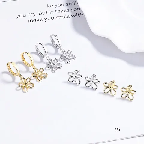 Orecchini a Bottone a Fiore Cavo in Argento Sterling 925 per Donna Orecchini a Cerchio Floreali Galvanizzati Gioielli Versatili