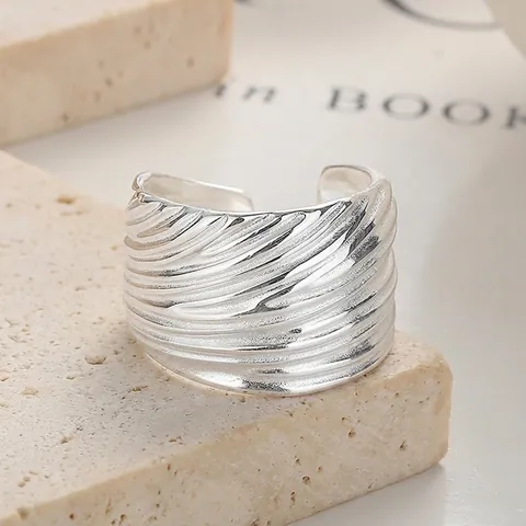 925 Sterlingsilber Offener Ring Für Damen Minimalistisch Breites Band Gestreift Wellenstruktur Verstellbarer Fingerring Schmuck