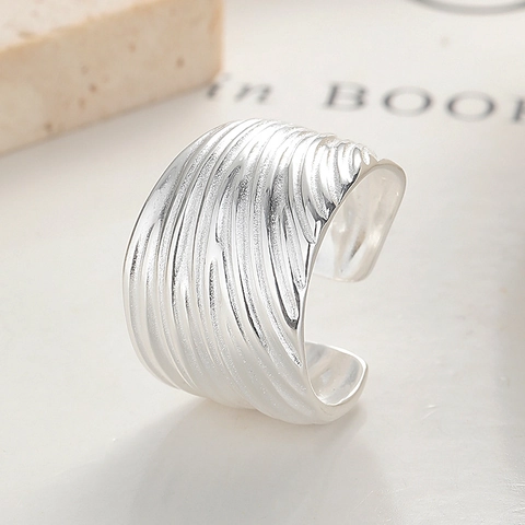 925 Sterlingsilber Offener Ring Für Damen Minimalistisch Breites Band Gestreift Wellenstruktur Verstellbarer Fingerring Schmuck