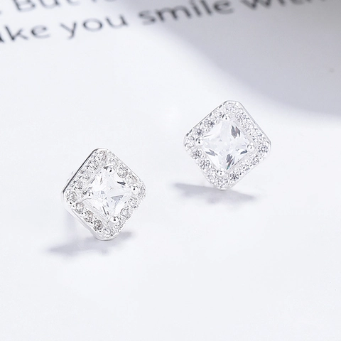 925 Argento Sterling Quadrati Orecchini a Lobo per Donna Minimalista Geometrico Halo Strass Orecchini Elegante Moda Gioielli Accessori