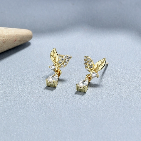 925 Silver Leaf Stud Earrings For Women Rhinestone Teardrop Dangle Earrings Fresh Botanical Style Jewelry With 925 Sterling Silver Post