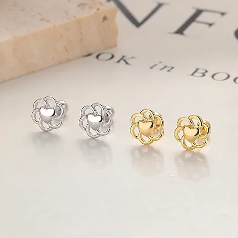 Orecchini a Bottone a Forma di Cuore di Fiore Cavo in Argento Sterling 925 per Donna Dolce Vite Posteriore Orecchini a Bottone Gioielli Minimalisti