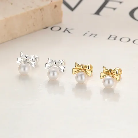 Orecchini a Bottone con Chiusura a Vite in Argento Sterling 925 Fiocco Perla Artificiale Strass per Donna Gioielli Dolce