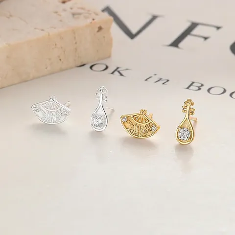 925 Sterlingsilber Asymmetrische Pipa Faltfächer Ohrstecker Für Damen Chinesischer Stil Zirkonia Eingelegt Modeschmuck Ohrring