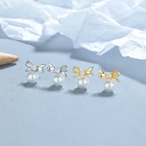 925 Sterling Silver Bowknot Artificial Pearl Stud Earrings With Rhinestone Sweet Fashion Elegant Jewelry For Women