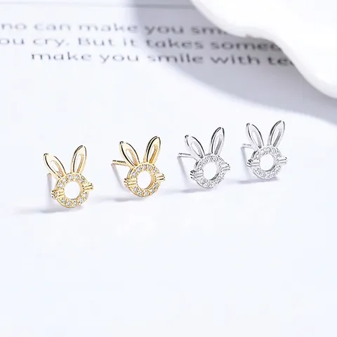 925 Sterling Silver Hollow Rabbit Stud Earrings For Women Cute Animal Shape Pave Rhinestone Fashion Jewelry Ear Bone Stud