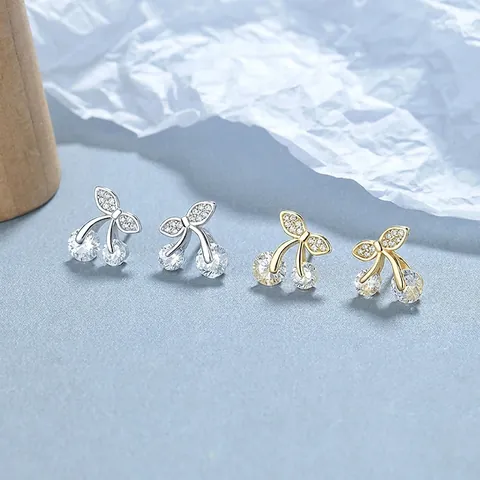 Pendientes de Botón de Cereza de Plata de Ley 925 Para Mujer Circonia Transparente Incrustada Forma Fruta Dulce Joyería Moda