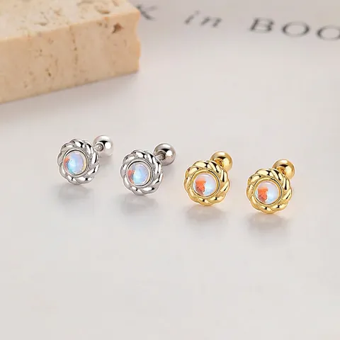 925 Sterling Zilveren Ronde Maansteen Oorknopjes Voor Dames Geometrisch Schroefsluiting Verguld Elegant Minimalistisch Sieraden