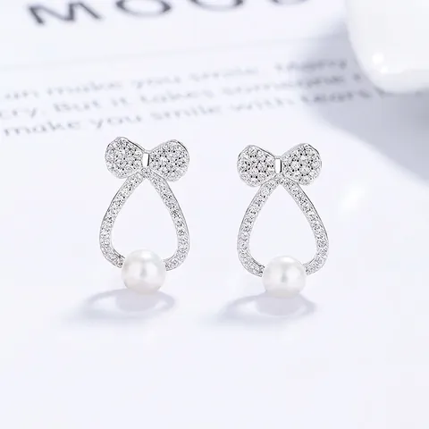 925 Sterlingsilber Schleife Künstliche Perle Ohrstecker Elegant Strass Eingelegt Mode Schmuck Für Damen