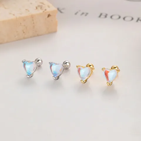 Pendientes de Botón de Plata de Ley 925 Corazón Piedra de Luna Sintética Iridiscente Moda Mujer Cierre de Tornillo Joyería