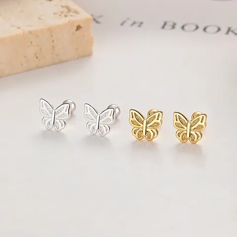 925 Sterling Silver Butterfly Stud Earrings Hollow Rhinestone Sweet Fashion Jewelry Screw Back Earrings For Women