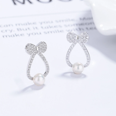925 Sterlingsilber Schleife Künstliche Perle Ohrstecker Elegant Strass Eingelegt Mode Schmuck Für Damen