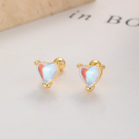 Pendientes de Botón de Plata de Ley 925 Corazón Piedra de Luna Sintética Iridiscente Moda Mujer Cierre de Tornillo Joyería
