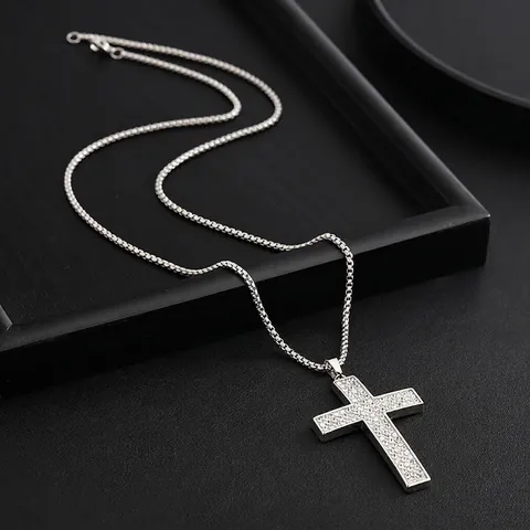 Hip Hop Titanium Steel Cross Pendant Necklace For Men Women Iced Out Rhinestone Pave Alloy Cross Stainless Steel Chain Jewelry