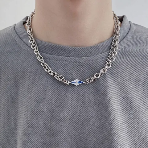 Collana a Doppio Strato in Acciaio al Titanio Hip Hop Lava Intrecciata Con Ciondolo a Rombo in Smalto Blu Gioielli Streetwear
