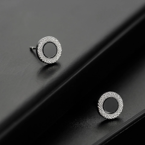 Vintage Copper Round Stud Earrings With Black Inlay Caviar Texture Unisex Hip Hop Simple Modern Fashion Jewelry Ear Studs