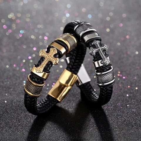 Vintage Woven Leather Alloy Cross Bracelet For Men Hip Hop Braided Jewelry With Metal Magnetic Clasp Retro Punk Wristband