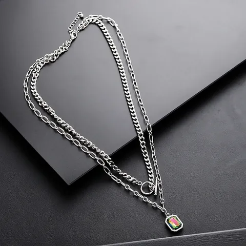 Double Layer Stainless Steel Necklace For Men Women Rectangle Multicolor Zirconia Pendant Hip Hop Retro Jewelry Accessory