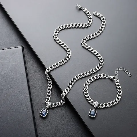Vintage Titanium Steel Cuban Link Necklace Bracelet Set For Men Women Lucky Blue Square Rhinestone Pendant Fashion Jewelry