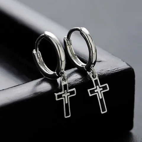 Vintage Copper Cross Hoop Earrings For Men Women Punk Silver Plated Double Layer Geometric Pendant Unisex Fashion Jewelry