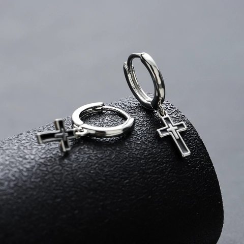 Vintage Copper Cross Hoop Earrings For Men Women Punk Silver Plated Double Layer Geometric Pendant Unisex Fashion Jewelry