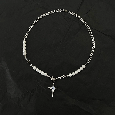 Titanstahl Asymmetrische Künstliche Perle Spleißen Halskette Hip Hop Legierung Strass Kreuz Stern Anhänger Schmuck Für Damen Herren