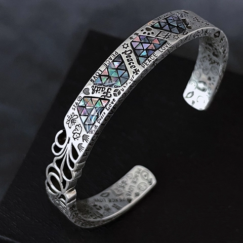 Retro Titanium Steel Open Bangle Colorful Shell Inlay Peace Love Faith Engraved Bracelet Unisex Fashion Jewelry Accessory Gift