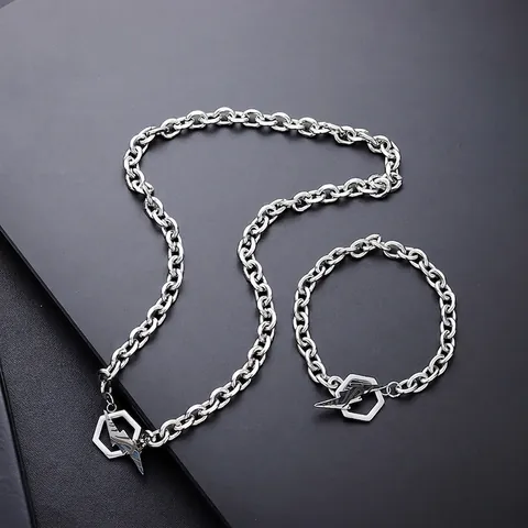 Collier Pendentif Éclair en Acier Inoxydable Hip Hop Et Bracelet Bijoux Géométriques Industriels Unisexes Hommes Femmes
