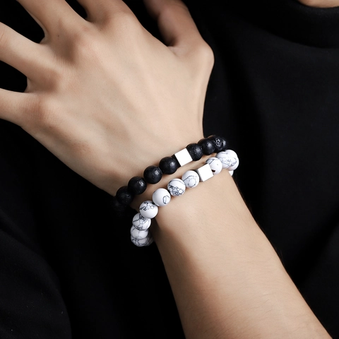 Minimalist Volcanic Stone Beaded Bracelet For Men Women Geometric Alloy Cube Lava Stone Howlite Beads Elastic Hand Jewelry