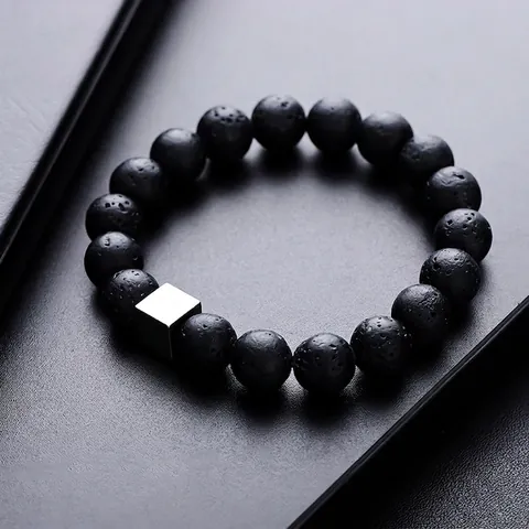 Minimalist Volcanic Stone Beaded Bracelet For Men Women Geometric Alloy Cube Lava Stone Howlite Beads Elastic Hand Jewelry