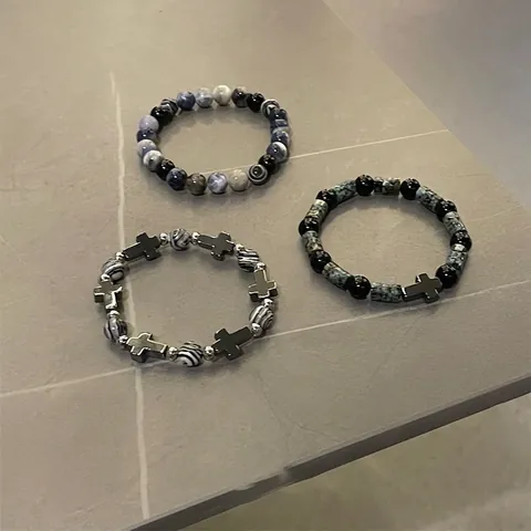 Hip Hop Titanium Steel Cross Beaded Bracelet For Men Women Retro Layered Natural Stone Bamboo Joint Charm Bracelet Jewelry