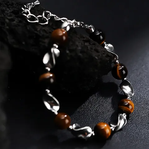 Bracciale da Uomo in Acciaio al Titanio con Pietra Occhio di Tigre Catena a Maglie in Metallo Argento Geometrico Regolabile Unisex Gioielli di Lusso