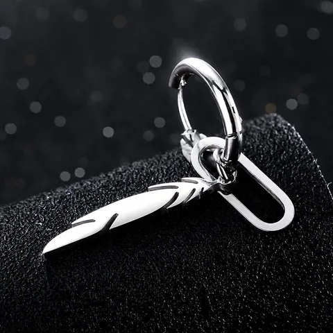 Boucles d'Oreilles Créoles Pendentif Plume en Acier Inoxydable pour Hommes Mode Simple Couleur Argent Bijoux Unisexe