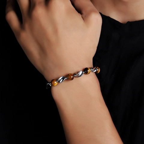 Bracciale da Uomo in Acciaio al Titanio con Pietra Occhio di Tigre Catena a Maglie in Metallo Argento Geometrico Regolabile Unisex Gioielli di Lusso