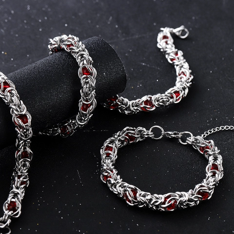 Ensemble de Bijoux Chaîne Byzantine en Acier Titane Saphir Synthétique Bleu Rouge Bracelet Collier Hip Hop Hommes Femmes