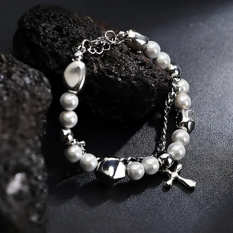 Braccialetto a Doppio Strato in Acciaio Inossidabile Con Pendente a Croce e Perle Artificiali per Uomo Donna Gioielli Moda