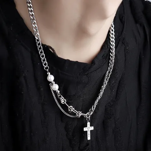 Titanium Steel Cross Pendant Necklace For Men Women Hip Hop Punk Stitched Multi-Chain With Artificial Pearl Rhinestone Jewelry