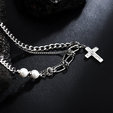 Titanium Steel Cross Pendant Necklace For Men Women Hip Hop Punk Stitched Multi-Chain With Artificial Pearl Rhinestone Jewelry