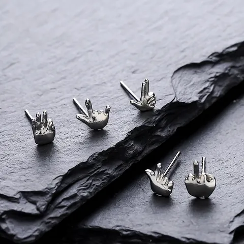 Orecchini a Bottone Hip Hop Gesto della Mano Gioielli in Rame Personalizzati Con Perno in Acciaio Argento Strass Gesto Regalo