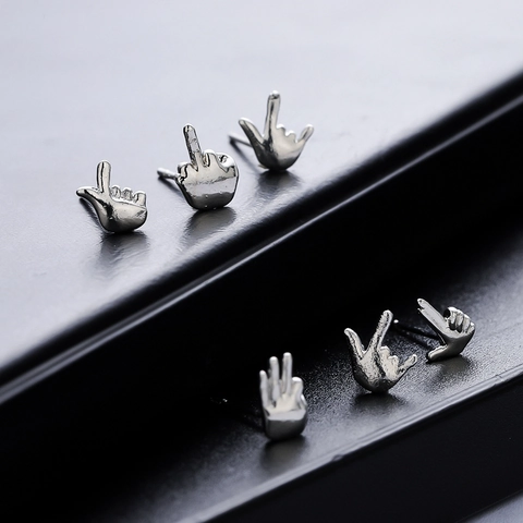Orecchini a Bottone Hip Hop Gesto della Mano Gioielli in Rame Personalizzati Con Perno in Acciaio Argento Strass Gesto Regalo