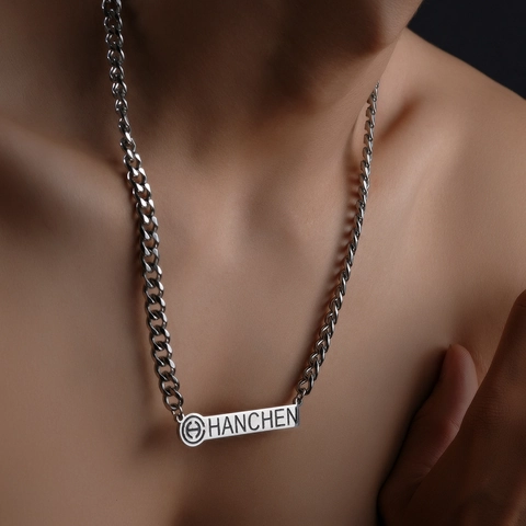 Collana a Catena Cubana in Lega di Acciaio al Titanio Con Ciondolo a Targhetta Rettangolare HANCHEN Gioielli Hip Hop Street Uomo Donna