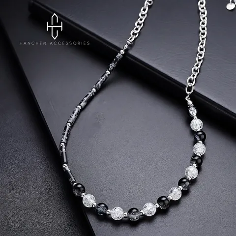 Collar de Cuentas de Acero de Titanio Hip Hop Hombre Mujer Minimalista Negro Blanco Patrón de Mármol Cadena de Empalme Collar Joyería