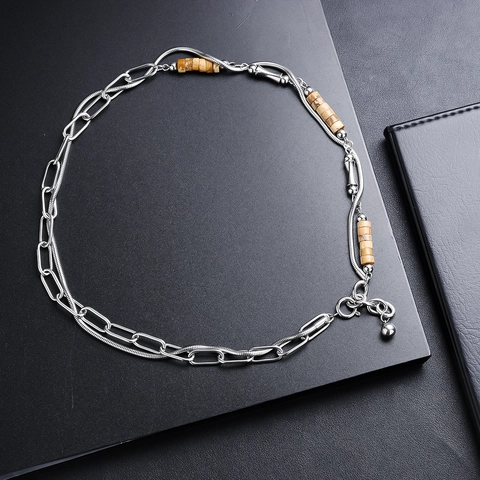 Stainless Steel Spliced Chain Necklace With Tiger Eye Stone Cylindrical Beads Ball Pendant Streetwear Accessory For Men