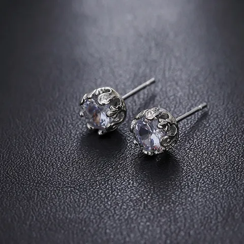 Retro Light Luxury Round Rhinestone Stud Earrings Silver Plated Crown Setting Geometric Fashion Jewelry For Men And Women