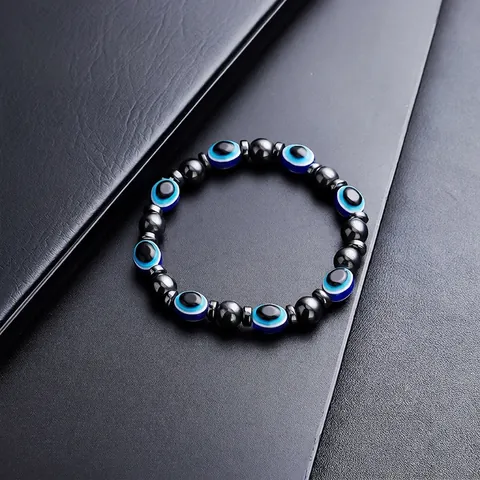 Hematite Beaded Bracelet For Men Women Vintage Handmade Evil Eye Amulet Protection Jewelry Minimalist Dark Gray Black Bracelet