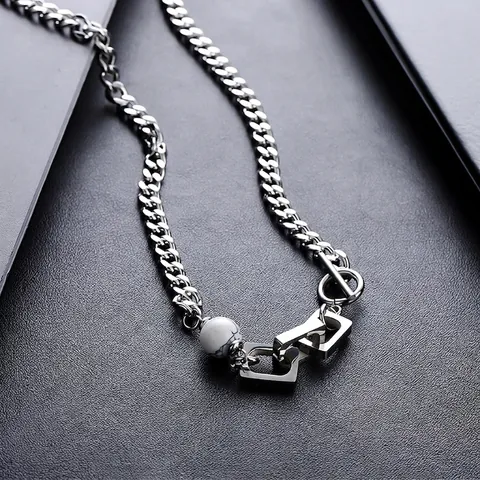 Collana da Uomo Minimalista in Acciaio al Titanio Vintage con Perla in Pietra Naturale Trama Marmo Catena Cubana Pendente OT