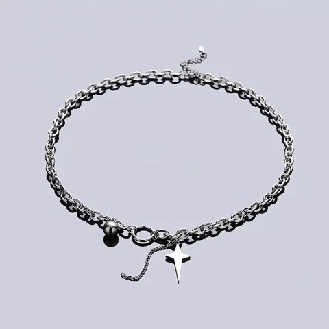 Collana Hip Hop in Acciaio al Titanio con Pendente a Stella a Quattro Punte e Sfera di Metallo per Uomo Donna Gioiello Punk Lucidato