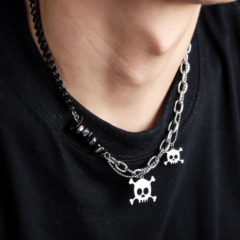 Collar con Colgante de Calavera de Acero de Titanio Empalme Cadena Punk Gótico Cuentas Accesorio de Calle para Hombre Mujer Joyería
