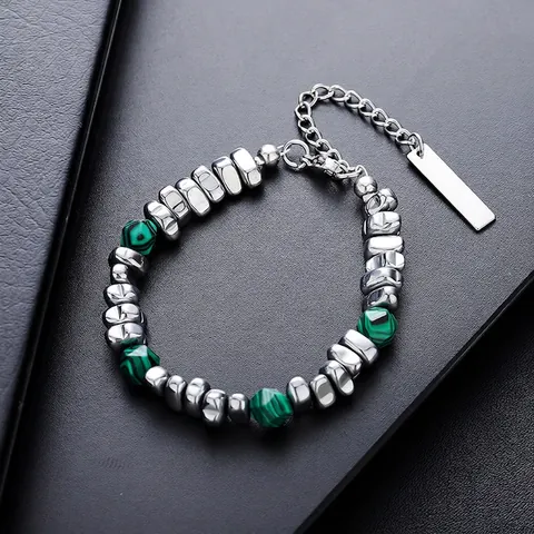 Handgemaakte Vintage Natuursteen Armband Voor Mannen Vrouwen Zilverkleurige Legering Onregelmatige Kraal Malachiet Patroon Sieraden