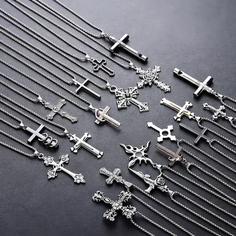 Titanium Steel Cross Necklace For Men Retro Gothic Alloy Zirconia Pendant Necklace Vintage Religious Jewelry Gift Accessories